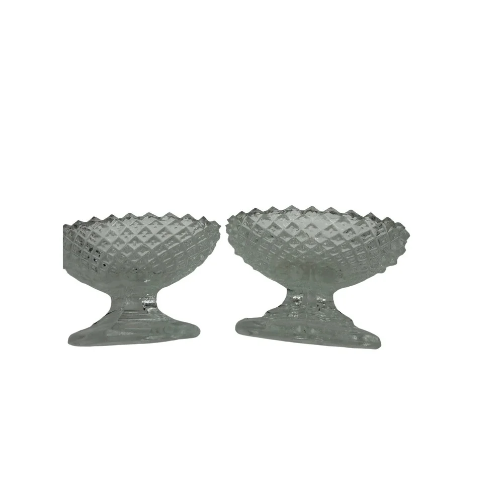 Vintage Clear Pressed Glass‎ Diamond Point Open Salt Cellars Pedestal Set of 2